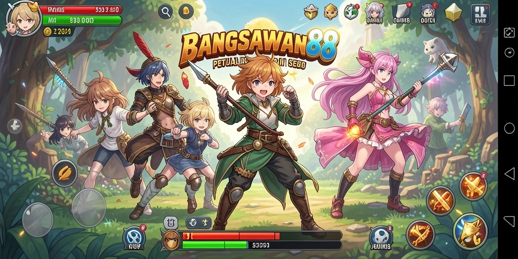 Tampilan gameplay menarik dari BANGSAWAN88 dengan karakter anime yang dinamis.