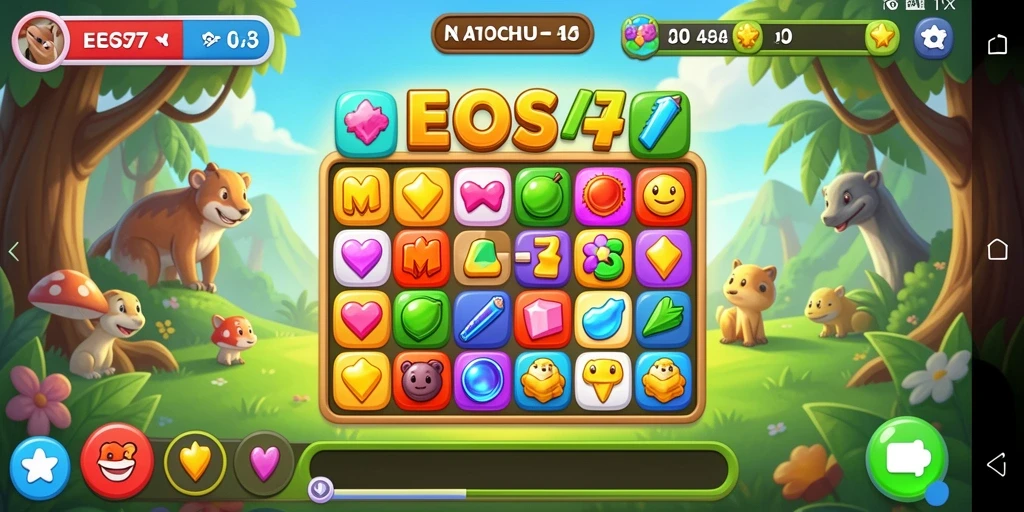 Screenshot gameplay EOS77 menampilkan grafis yang cerah dan gameplay Match-3 yang dinamis.