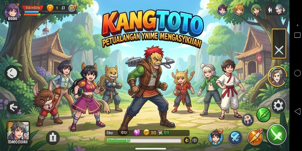 Screenshot gameplay KANGTOTO menampilkan pertarungan seru dengan karakter anime.