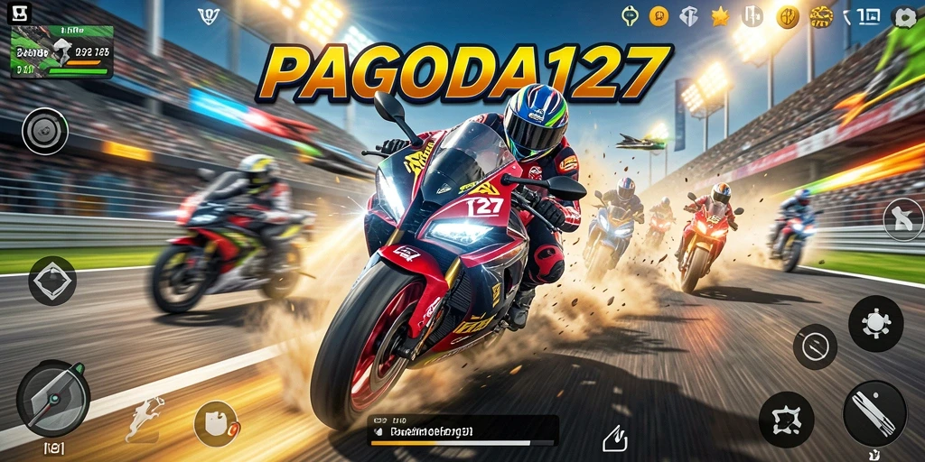 Screenshot gameplay PAGODA127 menampilkan aksi balapan motor yang mendebarkan.
