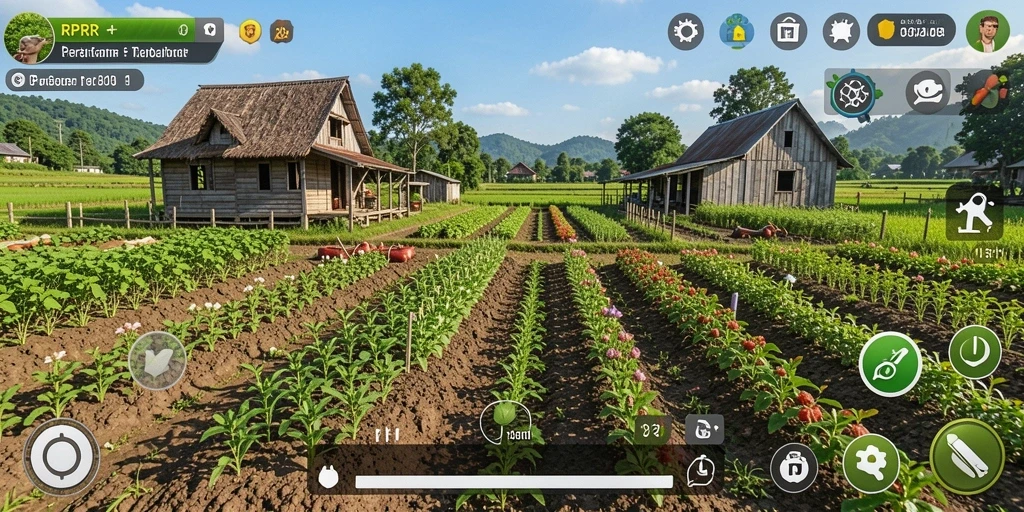 Tampilan gameplay RPRR yang menampilkan lahan pertanian yang subur.