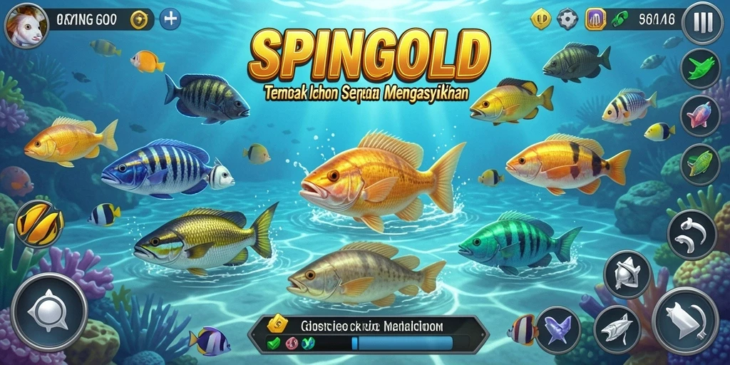 Tampilan gameplay seru SPINGOLD dengan banyak ikan untuk ditangkap.
